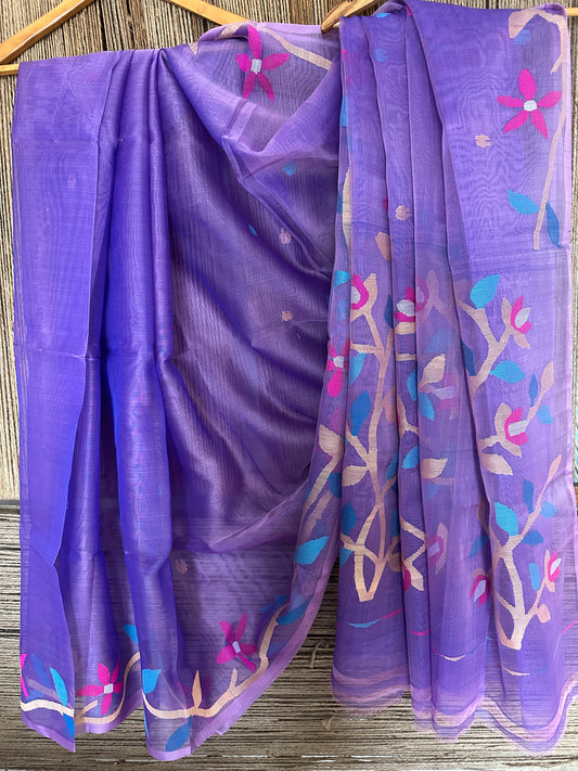 Ube purple jamdani handwoven pure muslin silk sari mjs 28