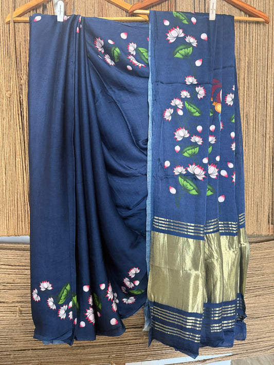Blue pichwai modal silk print sari with zari border pms- 106