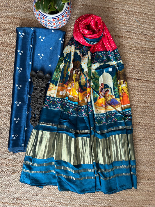 Blue three dots mashru silk kurta with patola handcrafted modal silk dupatta ps-36