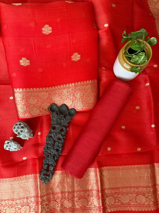 Soorlet redkora silk certified handloom banarsi kadwa butti with woven zari three piece suit