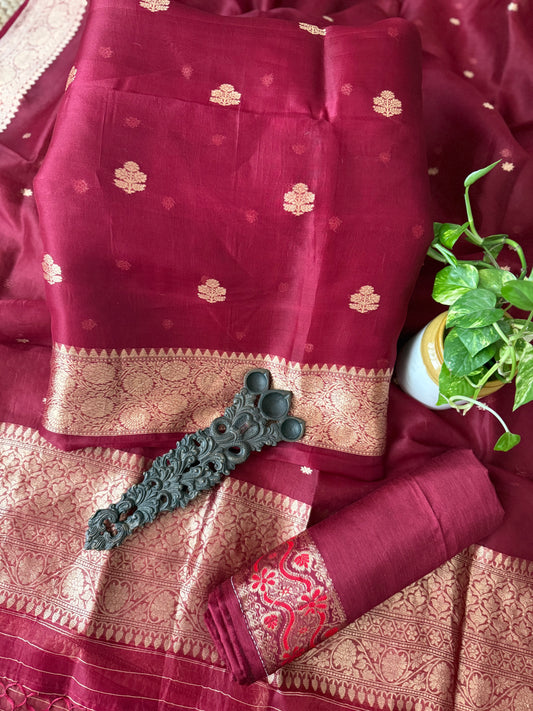 Rich deep maroon kora silk certified handloom banarsi kadwa booti three piece suit