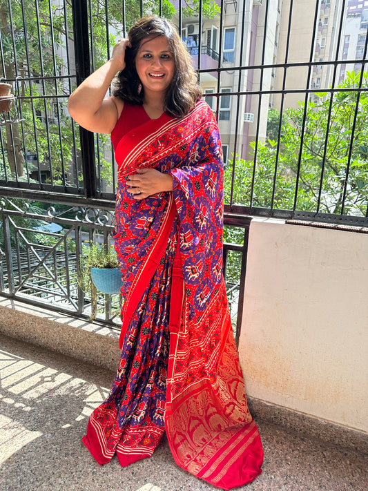Purple & red  modal silk patola sari with zari border pms- 1021