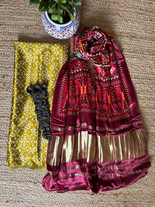Mustard yellow mashru silk kurta with patola handcrafted modal silk dupatta ps-81