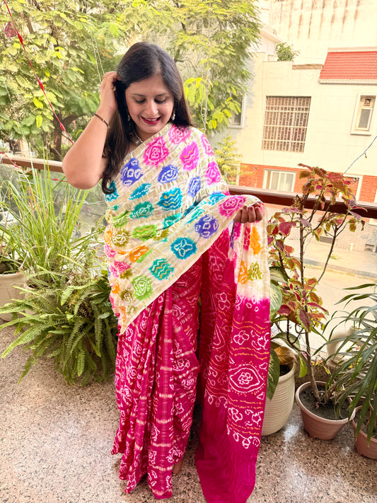 Hot pink multi colour gajji silk gharchola rai bandhani gajji sari