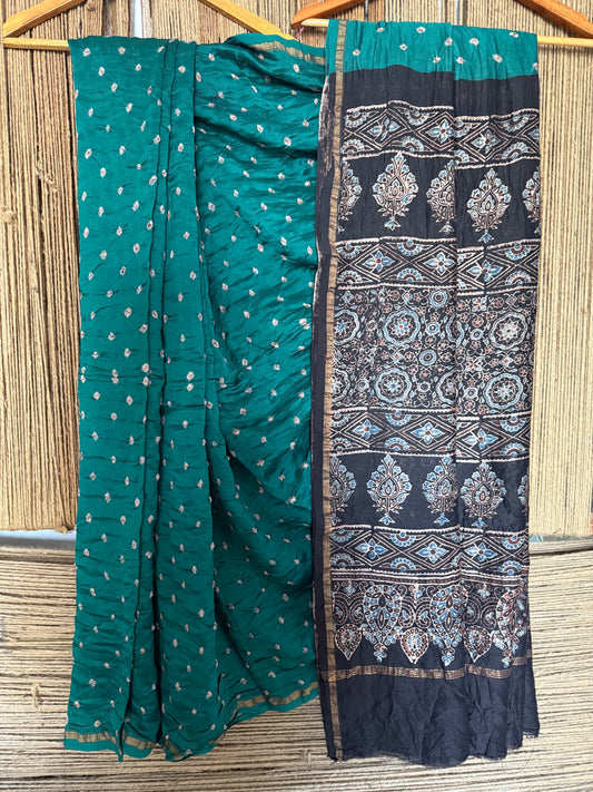 Teal blue chanderi silk bandhani handcrafted ajrakh sari