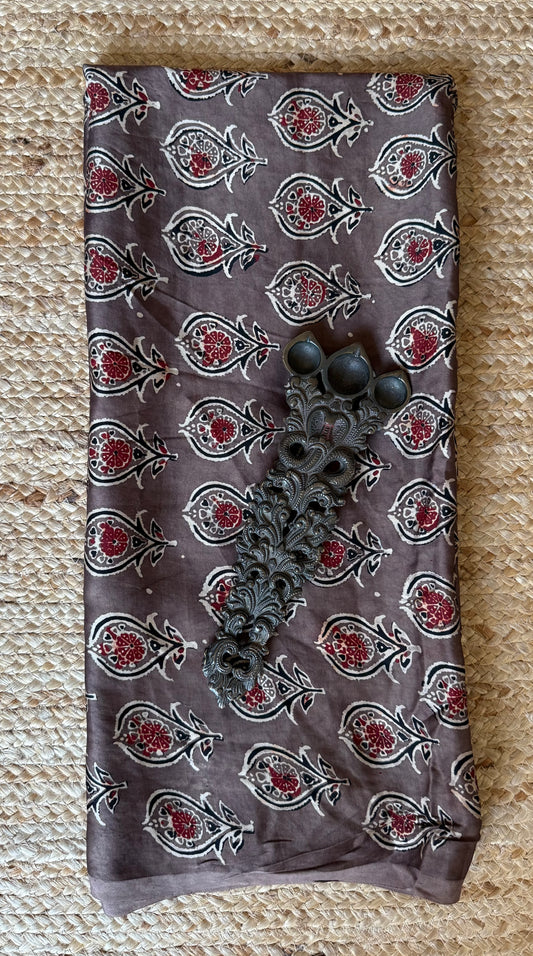 Chikoo brown ajrakh modal handcrafted natural dye printed fabric  mf-1