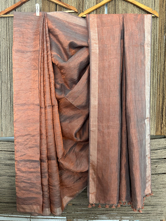 Powder  blue copper metallic  linen sari with woven  border