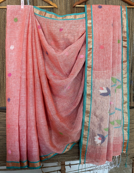 Light peach pink handwoven pure linen silk jamdani sari with zari pallu