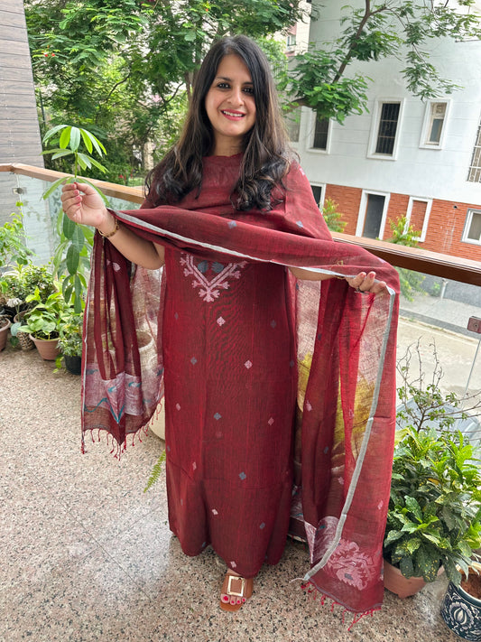 Vintage maroon woven linen  kurta set ljs-1040