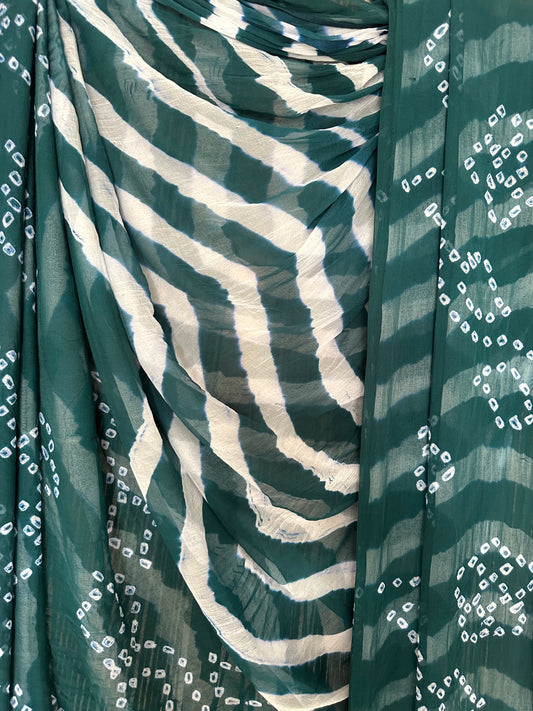Turquoise green leheriya bandhani handcrafted chiffon sari cl-27