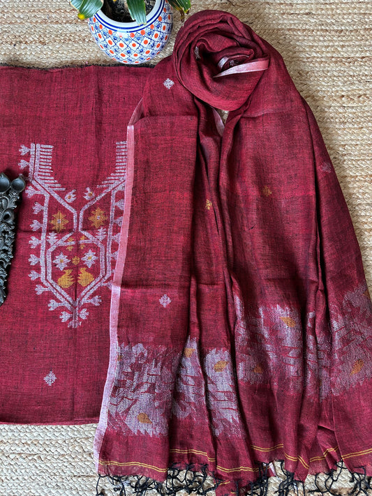 Maroon woven linen  kurta set ljs- 1018