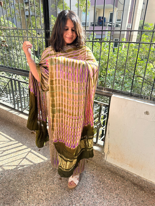 Mehendi green modal  silk shibori  kurta with shibori  handcrafted modal silk dupatta sms 106