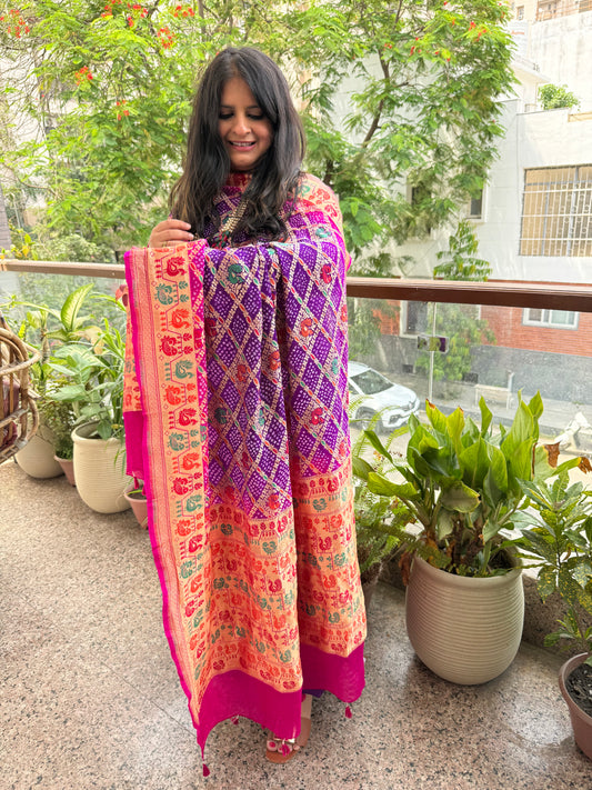 Purple and pink ombrã© shade handwoven bareek bandhani meena kari jaal   dupatta with pure purple gajji silk kurta set