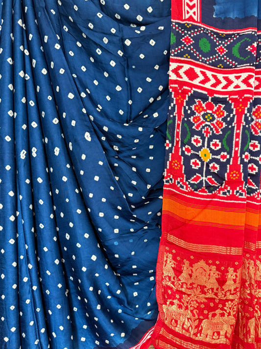 Blue red modal silk bandhani  sari with patola print bps40