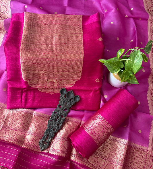 Fuchsia pink raw silk certified handloom banarsi kadwa butti with woven zari three piece suit