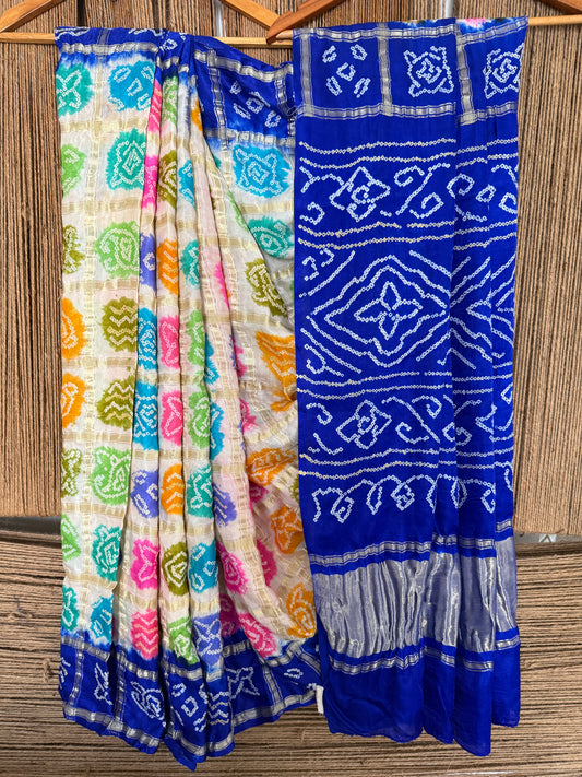 Ink blue & multi colour gajji silk gharchola rai bandhani gajji sari