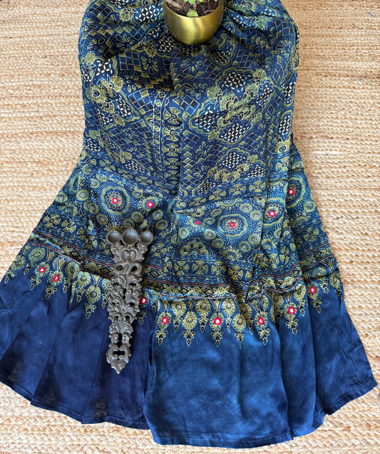 Indigo blue ajrakh modal silk stole with hand embroidery mirror work