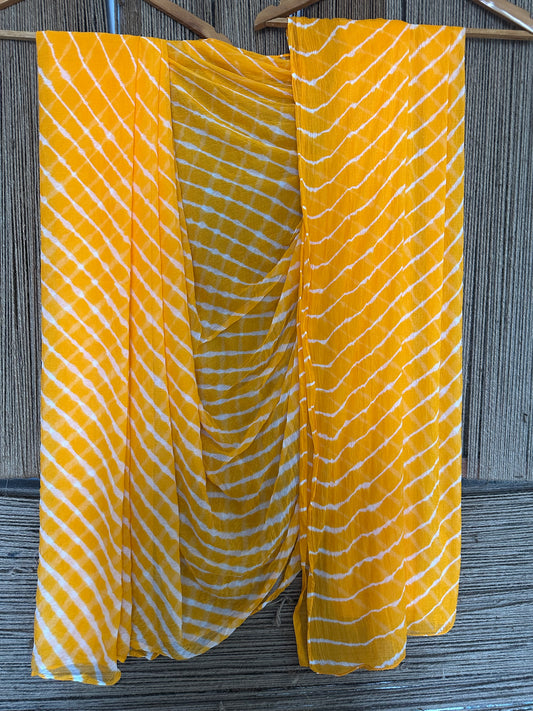 Orange yellow leheriya handcrafted  chiffon sari