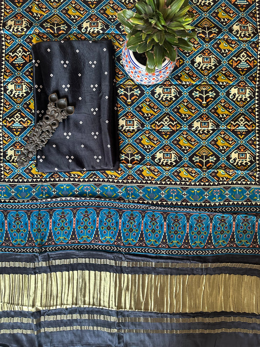 Black  triangle bandhani patola pichwai mashru  silk kurta with  handcrafted modal silk dupatta ps- 1034