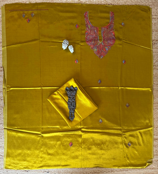 Mustard yellow mashru silk hand embroidery kashmiri handembroidery sozni work cord set cs-13
