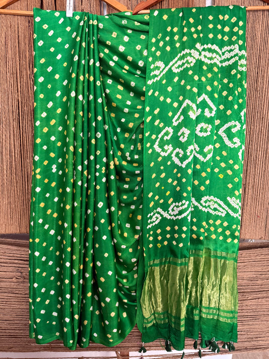 Neon green modal silk dot bandhani sari
