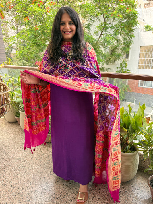 Purple and pink ombrã© shade handwoven bareek bandhani meena kari jaal   dupatta with pure purple gajji silk kurta set