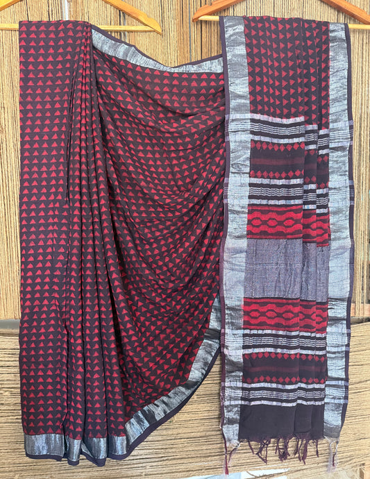 Maroon  akola linen zari woven handblock sari