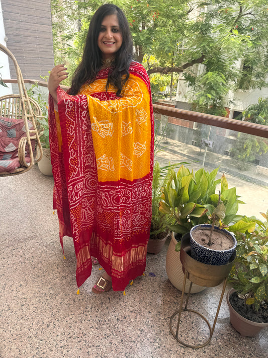 Red & yellow handwoven handcrafted gajji silk chandmukhi dupatta