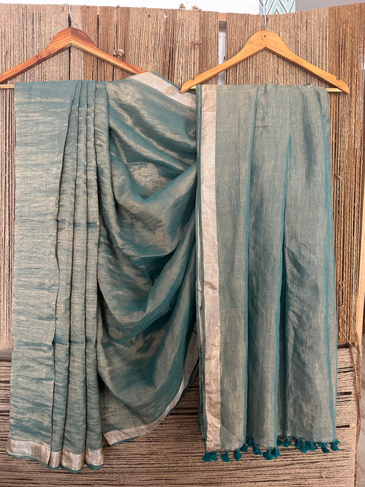 Dark cyan metallic linen sari with woven  border