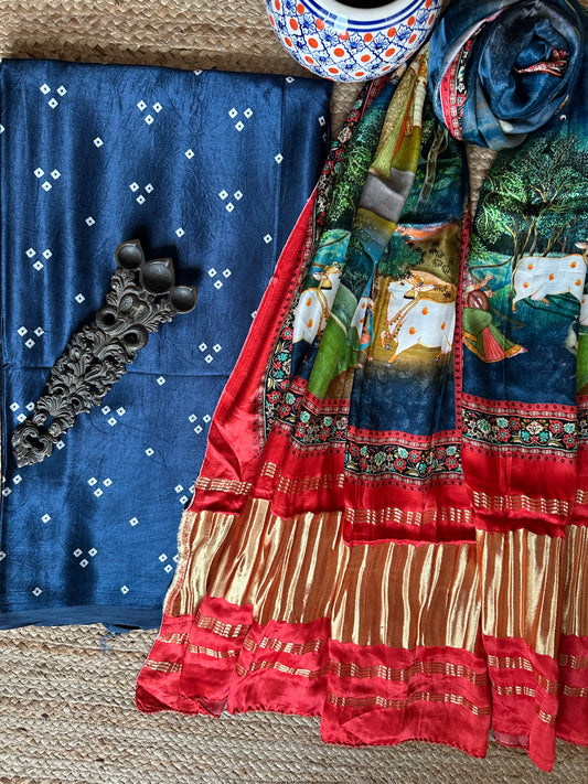 Navy blue mashru silk kurta with patola print modal silk dupattas ps-1022