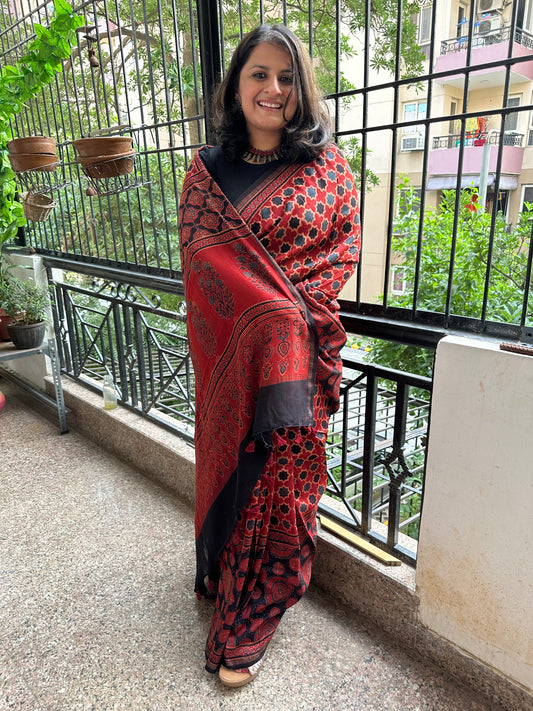 Rust maroon chanderi silk ajrakh sari