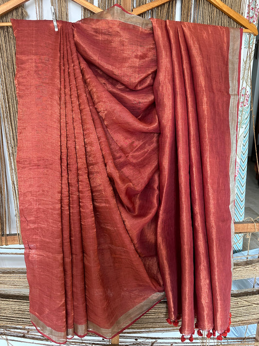 006 rust maroon golden metallic linen sari with silver woven  border and tassels