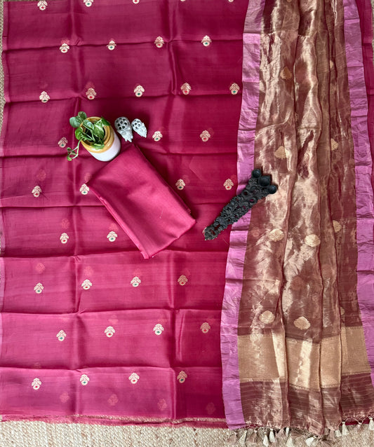 Carrot pink kora silk certified handloom banarsi kadwa booti three piece suit