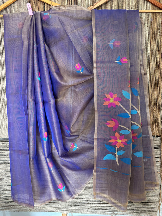 Slate blue jamdani handwoven pure muslin silk sari