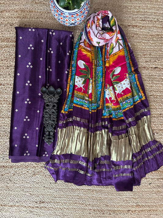 Purple three dots mashru silk kurta with patola handcrafted modal silk dupatta ps-14