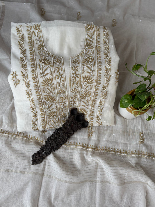 White & mehendi green embroidery premium mull chanderi lucknowi chickenkari with moti work hand embroidery three piece suit
