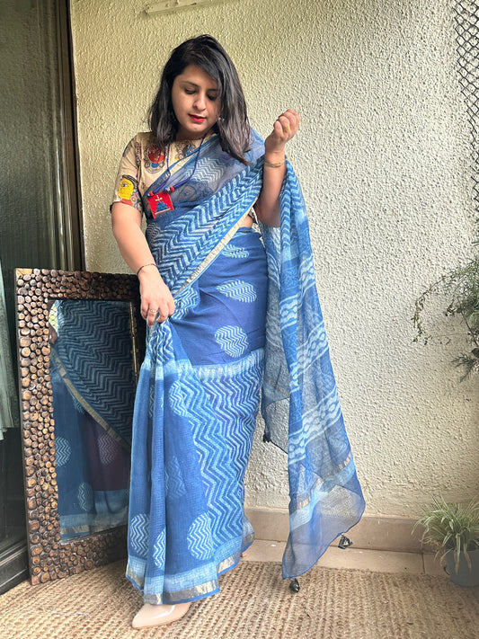 Indigo  akola kota doria handblock sari