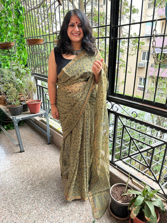 Olive green kota ajrak handblock sari