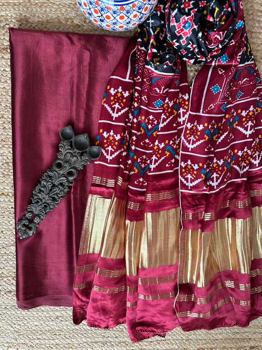 Maroon mashru  silk kurta with patola handcrafted modal silk dupatta ps-1010