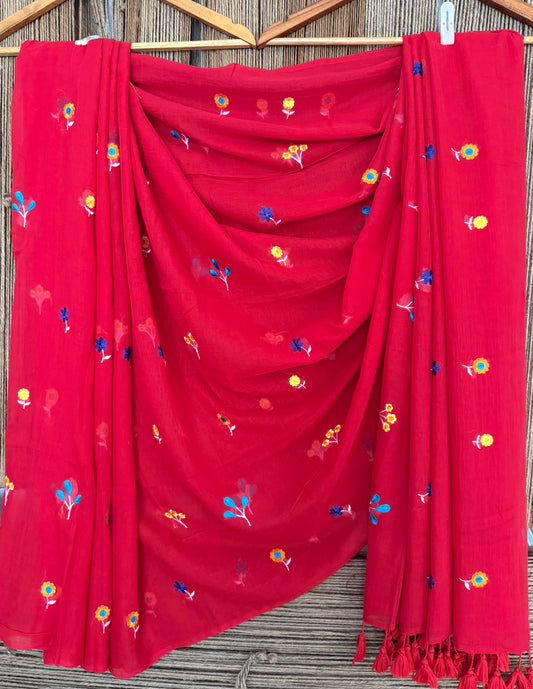 Red mull embroidery handloom sari with tassels