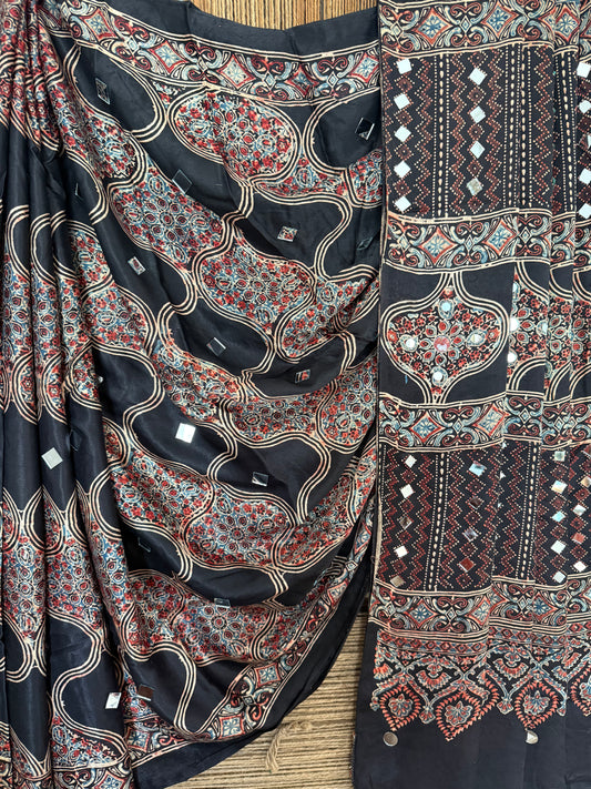 Black ajrakh handcrafted mirror work modal silk sari
