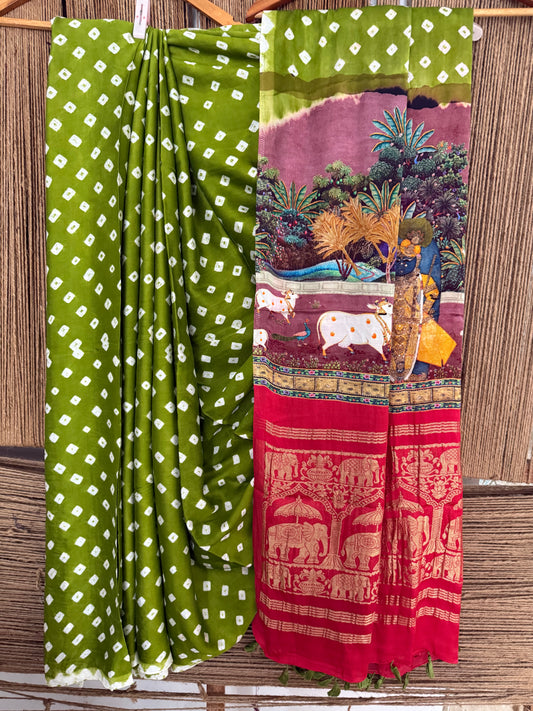 Mehendi green & red modal silk bandhani  sari with pichwai print bps 44