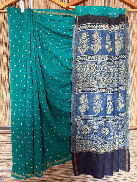 Teal blue chanderi silk bandhani handcrafted ajrakh sari
