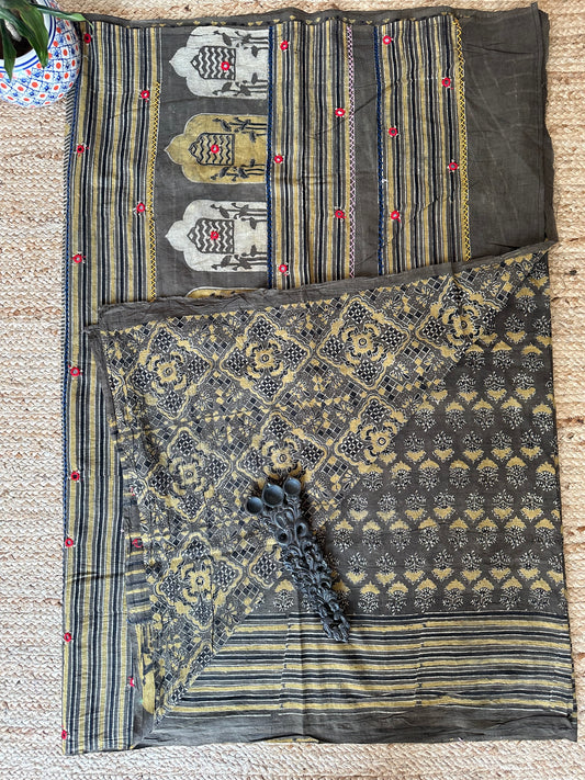 Mustard with mehndi green cotton ajrakh handembroidery sari