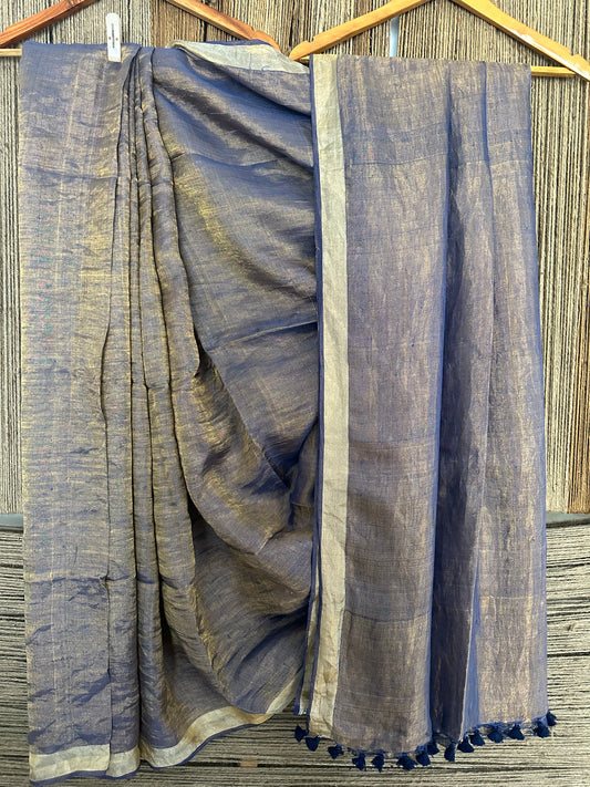 Yale blue gold metallic  linen sari with woven  border