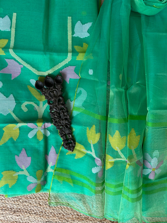 Neon green handwoven jamdani pure muslin silk kurta set mjk-53