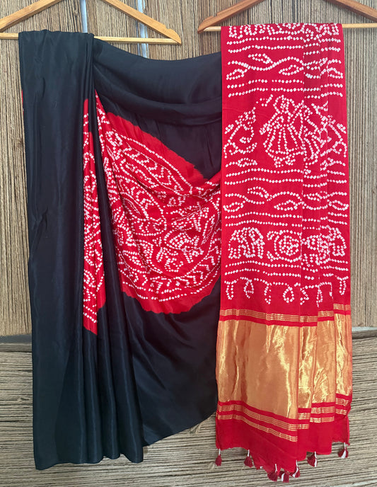 Black & red gajji silk rai bandhani chakra theme gajji sari  bs- 210