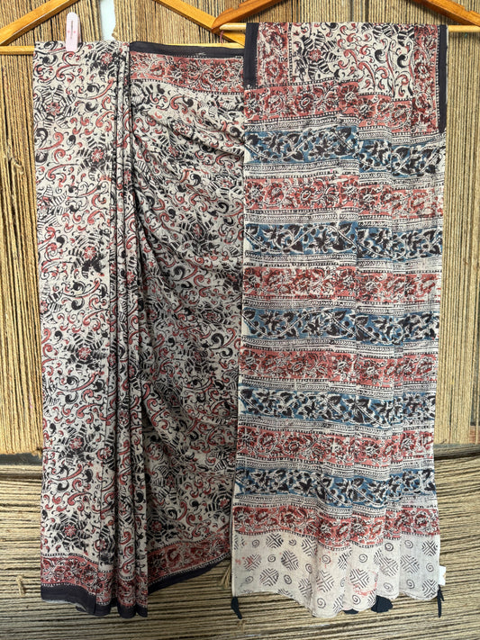 Beige  kalamkari mull cotton  ajrakh hand crafted sari