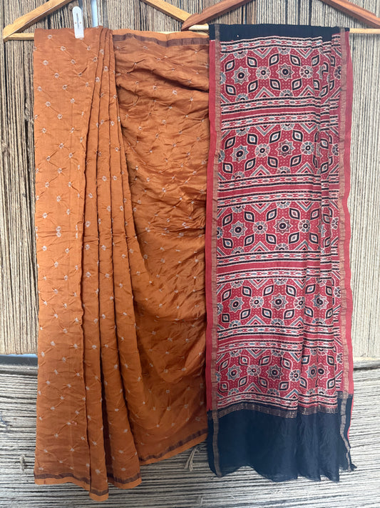 Ochre yellow chanderi silk bandhani handcrafted ajrakh sari