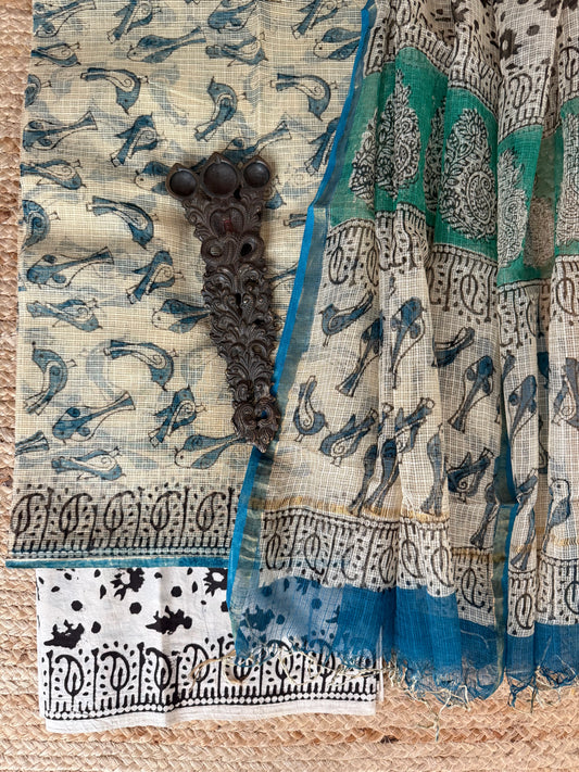 Beige turquoise kota handblock suit set